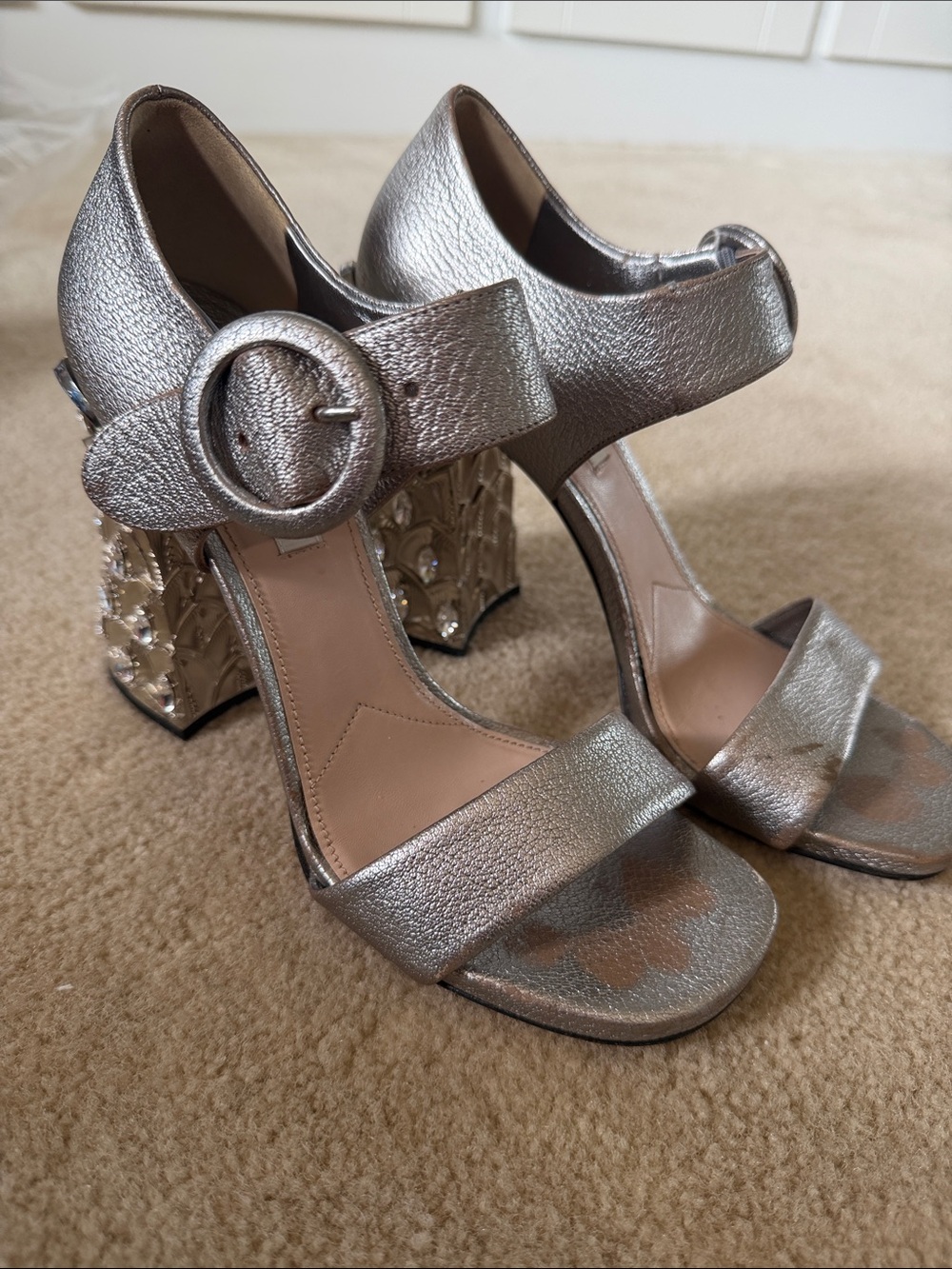 Miu Miu Metallic Silver Embellished Block Heel Sandals